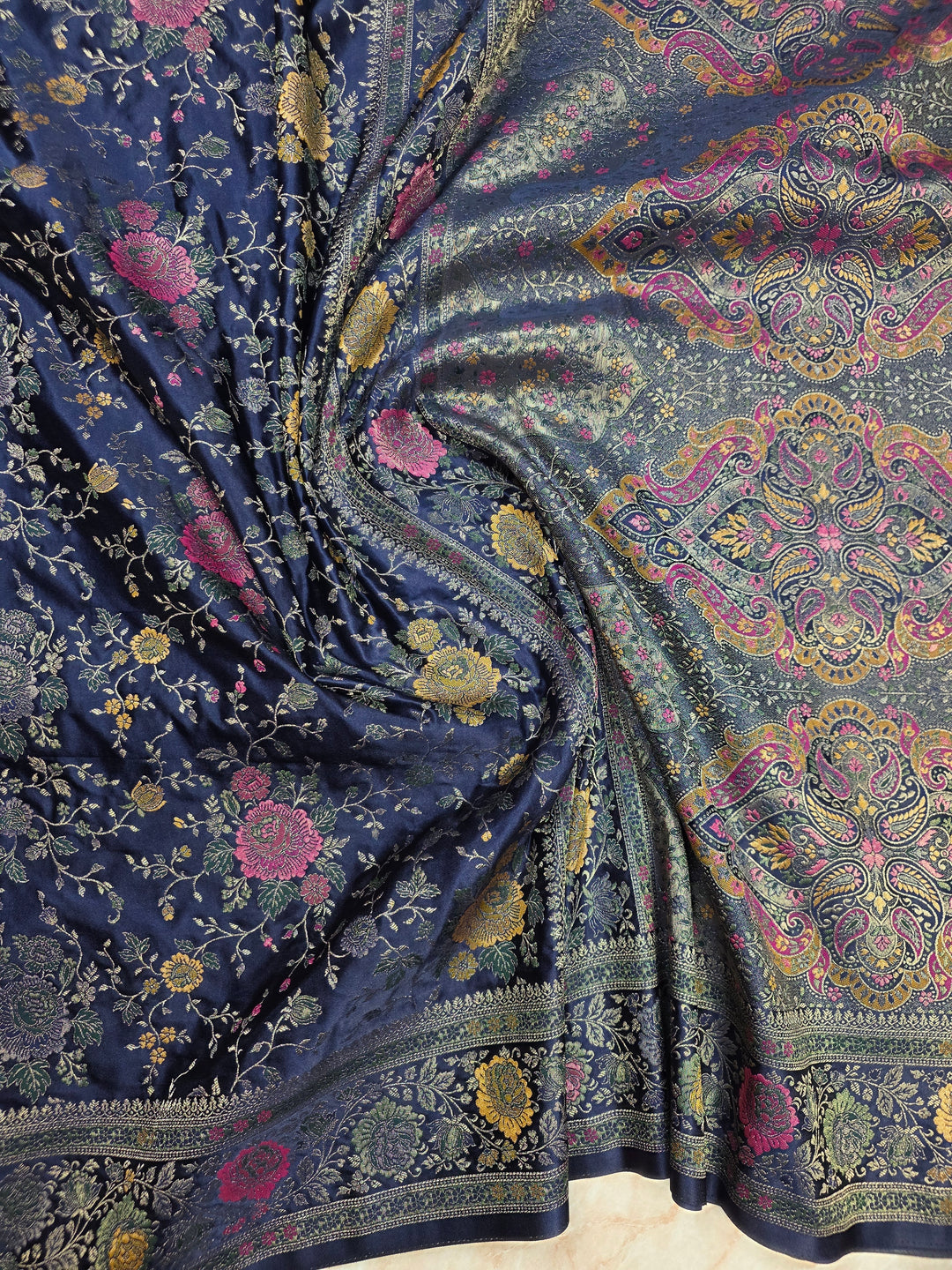 MASHRU KATAN SILK IN NAVY BLUE WITH MINAKARI JAAL WORK