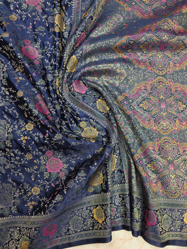MASHRU KATAN SILK IN NAVY BLUE WITH MINAKARI JAAL WORK