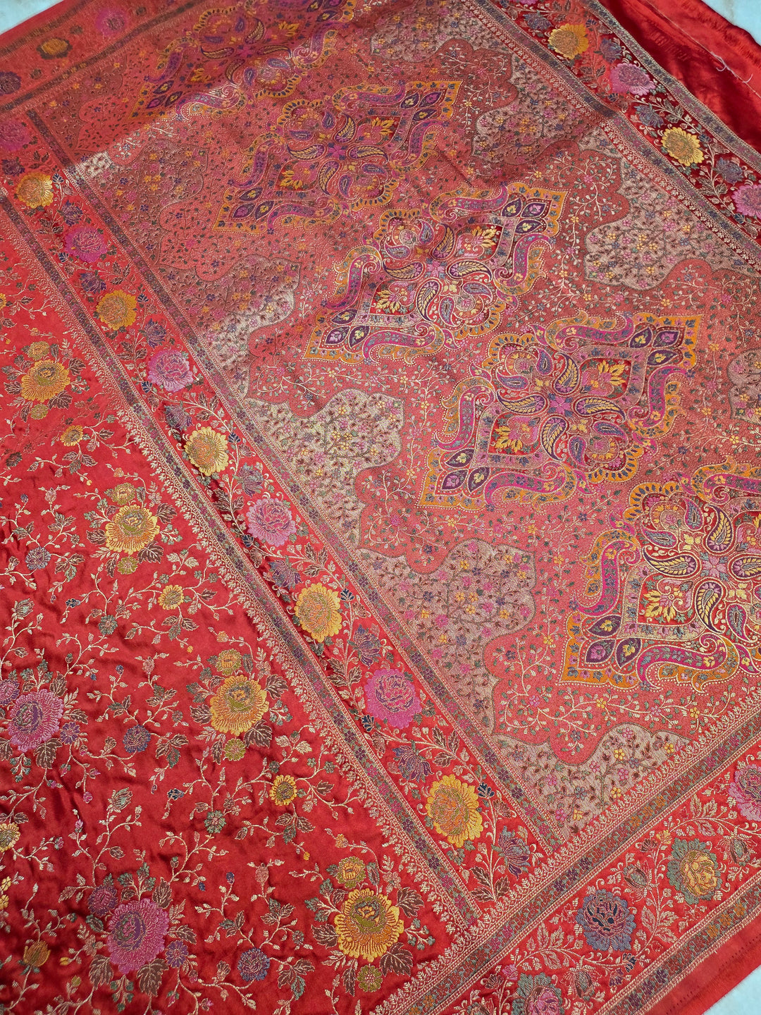 MASHRU KATAN SILK IN CRIMSON RED WITH MINAKARI ZARIWORK