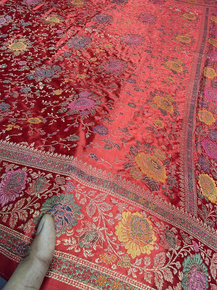 MASHRU KATAN SILK IN CRIMSON RED WITH MINAKARI ZARIWORK