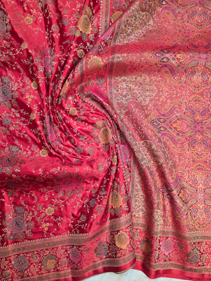 MASHRU KATAN SILK IN CRIMSON RED WITH MINAKARI ZARIWORK