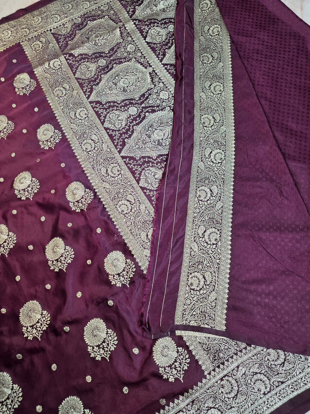 MASHRU KATAN SILK IN VINE COLOUR WITH GOLD ZARIWORK