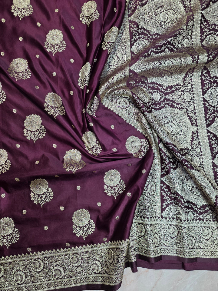 MASHRU KATAN SILK IN VINE COLOUR WITH GOLD ZARIWORK
