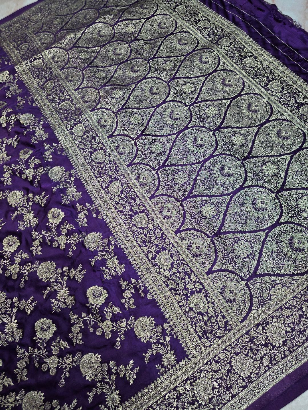 MASHRU KATAN SILK IN ROYAL PURPLE WITH GOLD ZARIWORK