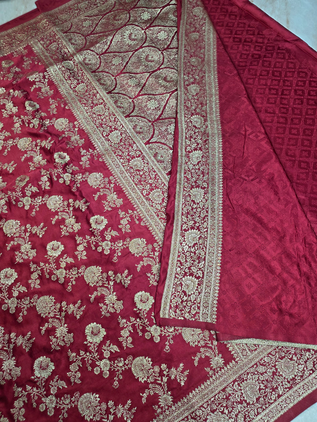 MASHRU KATAN SILK IN RED COLOUR WITH GOLD ZARIWORK