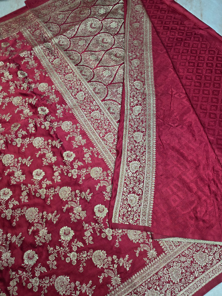 MASHRU KATAN SILK IN RED COLOUR WITH GOLD ZARIWORK
