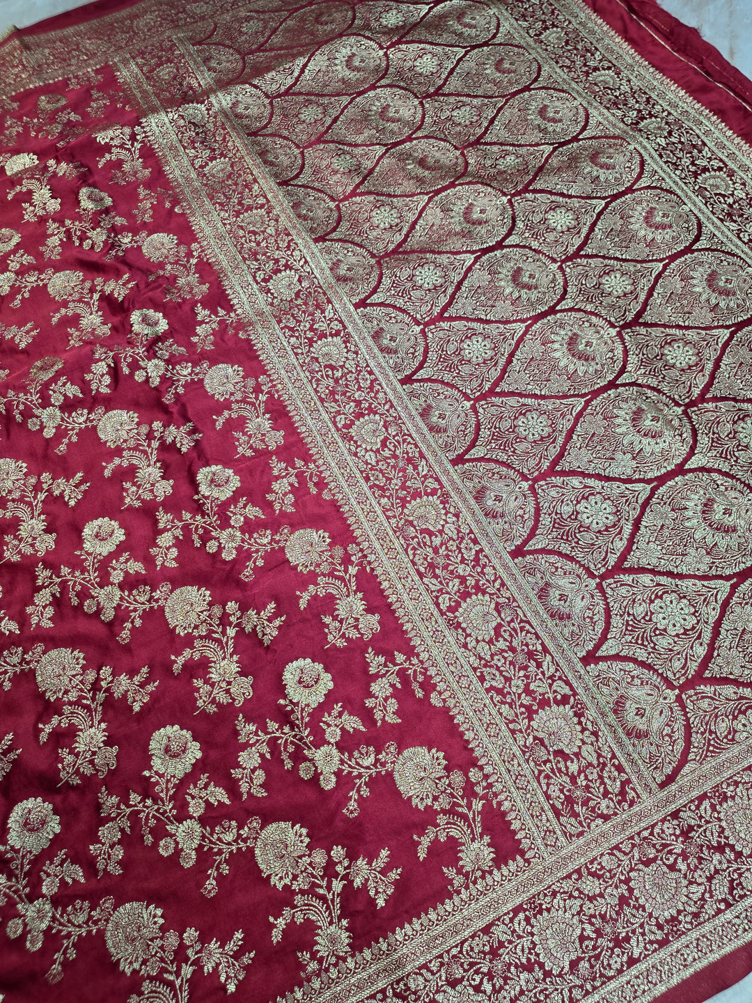 MASHRU KATAN SILK IN RED COLOUR WITH GOLD ZARIWORK