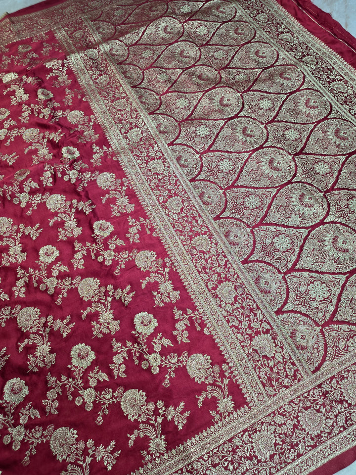 MASHRU KATAN SILK IN RED COLOUR WITH GOLD ZARIWORK