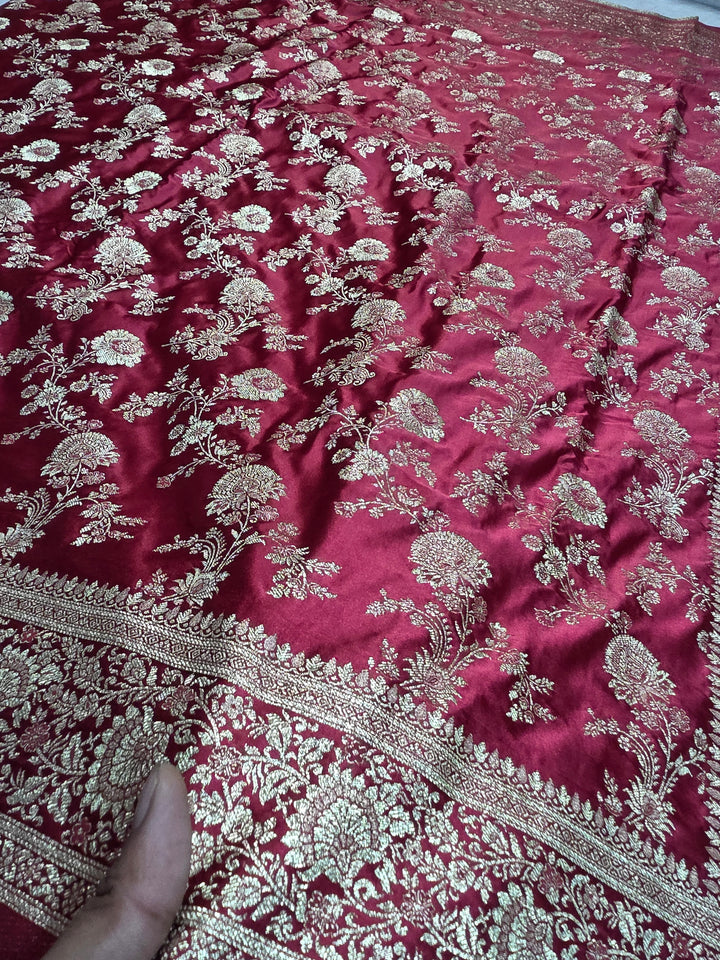 MASHRU KATAN SILK IN RED COLOUR WITH GOLD ZARIWORK