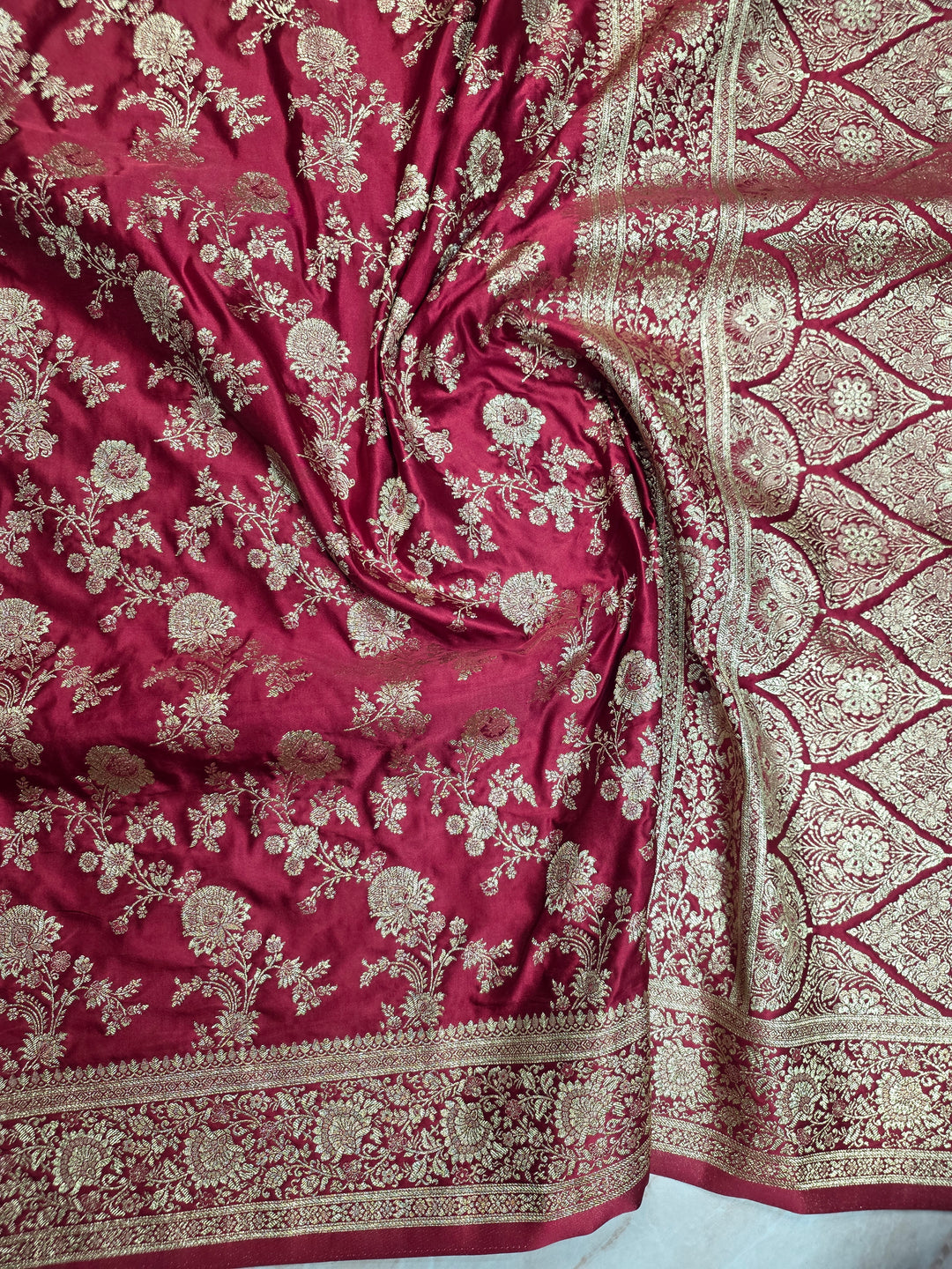 MASHRU KATAN SILK IN RED COLOUR WITH GOLD ZARIWORK