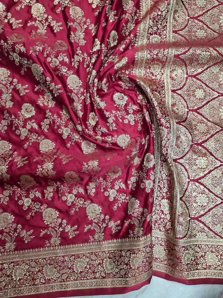 MASHRU KATAN SILK IN RED COLOUR WITH GOLD ZARIWORK