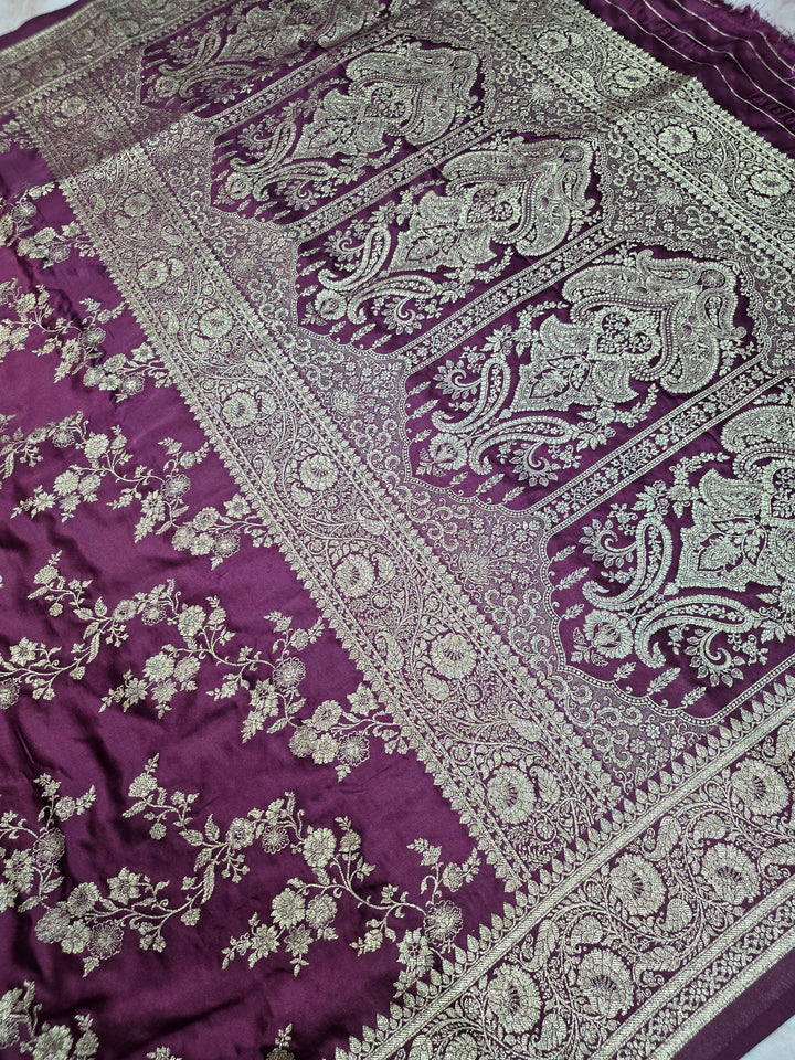 MASHRU KATAN SILK IN MAGENTA COLOUR WITH GOLD ZARIWORK