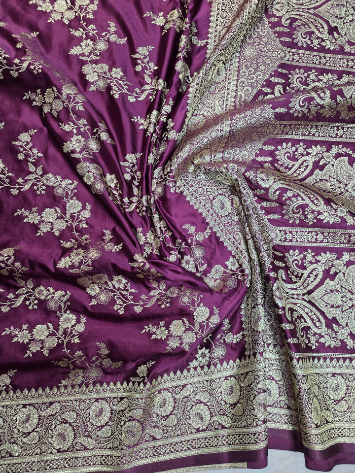 MASHRU KATAN SILK IN MAGENTA COLOUR WITH GOLD ZARIWORK