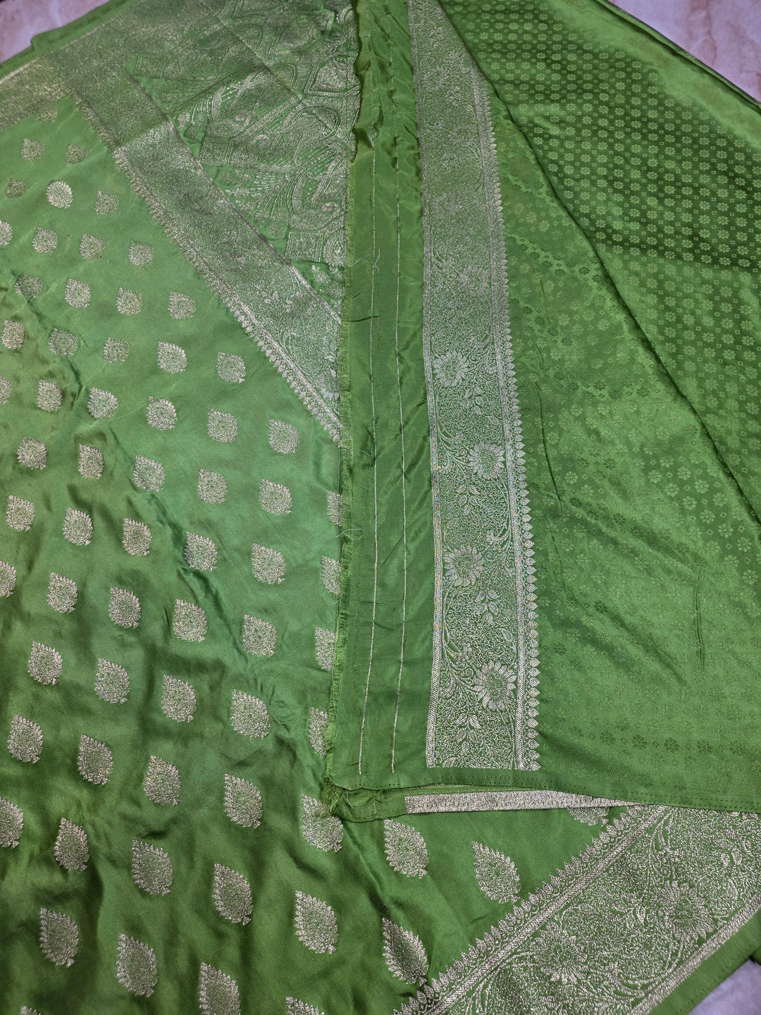 MASHRU KATAN SILKIN PARROT GREEN WITH GOLD ZARIWORK