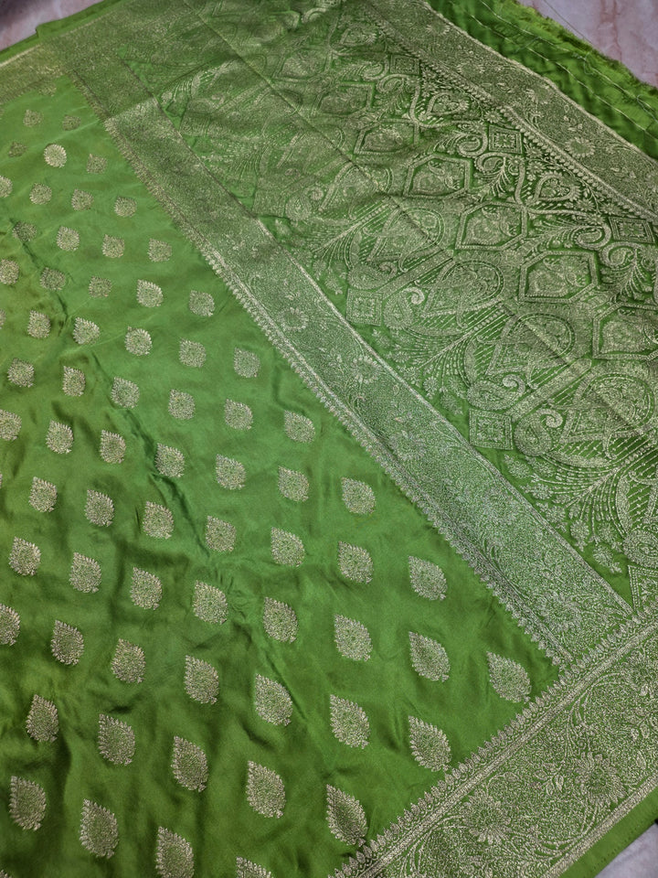MASHRU KATAN SILKIN PARROT GREEN WITH GOLD ZARIWORK