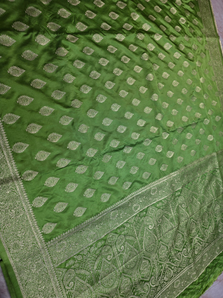MASHRU KATAN SILKIN PARROT GREEN WITH GOLD ZARIWORK