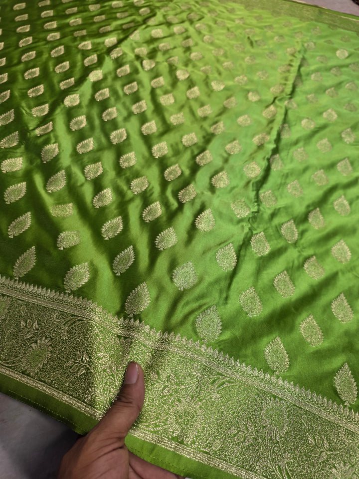 MASHRU KATAN SILKIN PARROT GREEN WITH GOLD ZARIWORK