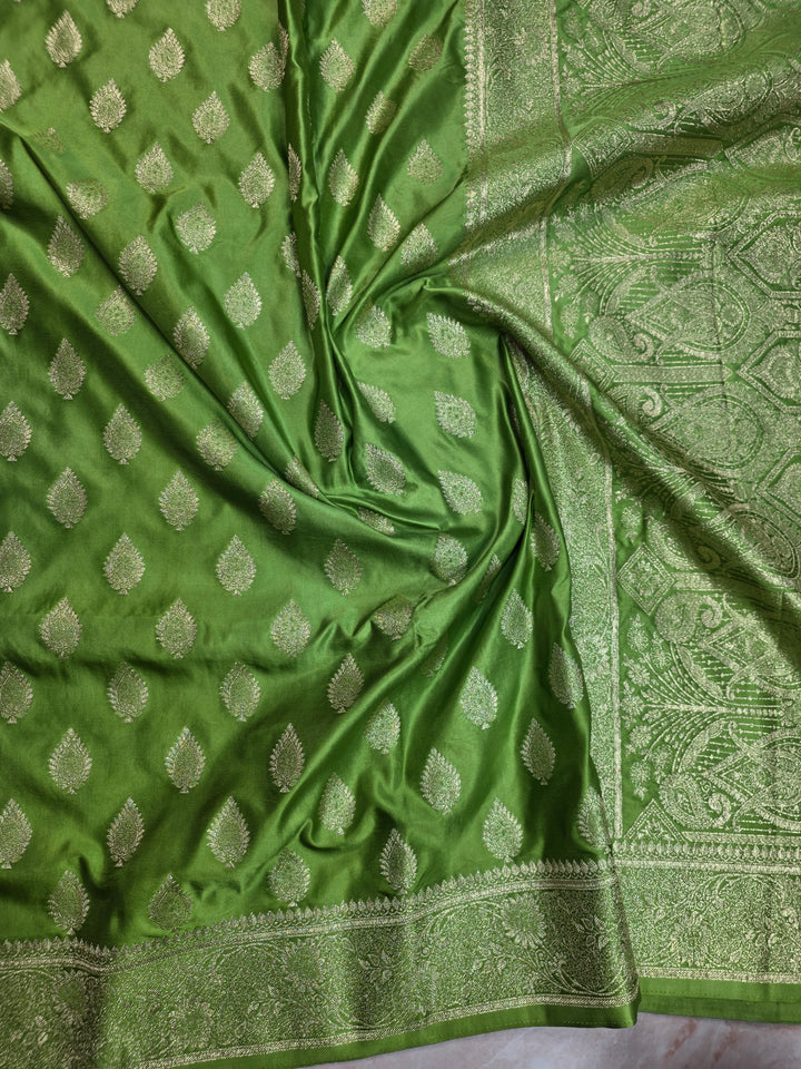 MASHRU KATAN SILKIN PARROT GREEN WITH GOLD ZARIWORK