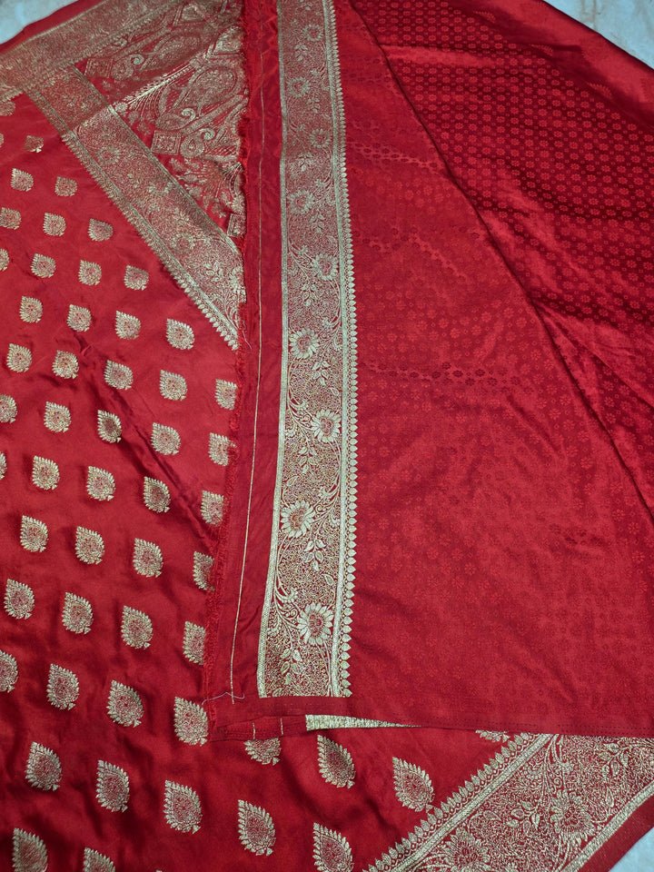 MASHRU KATAN SILK IN RED WITH GOLD ZARIWORK