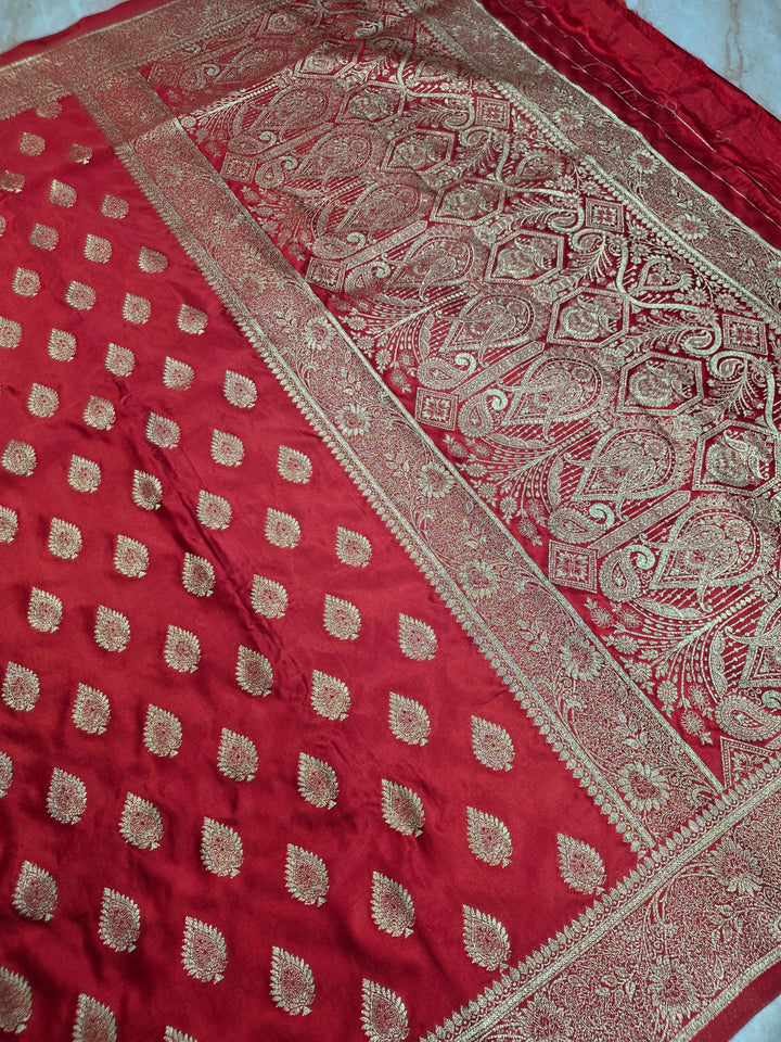 MASHRU KATAN SILK IN RED WITH GOLD ZARIWORK