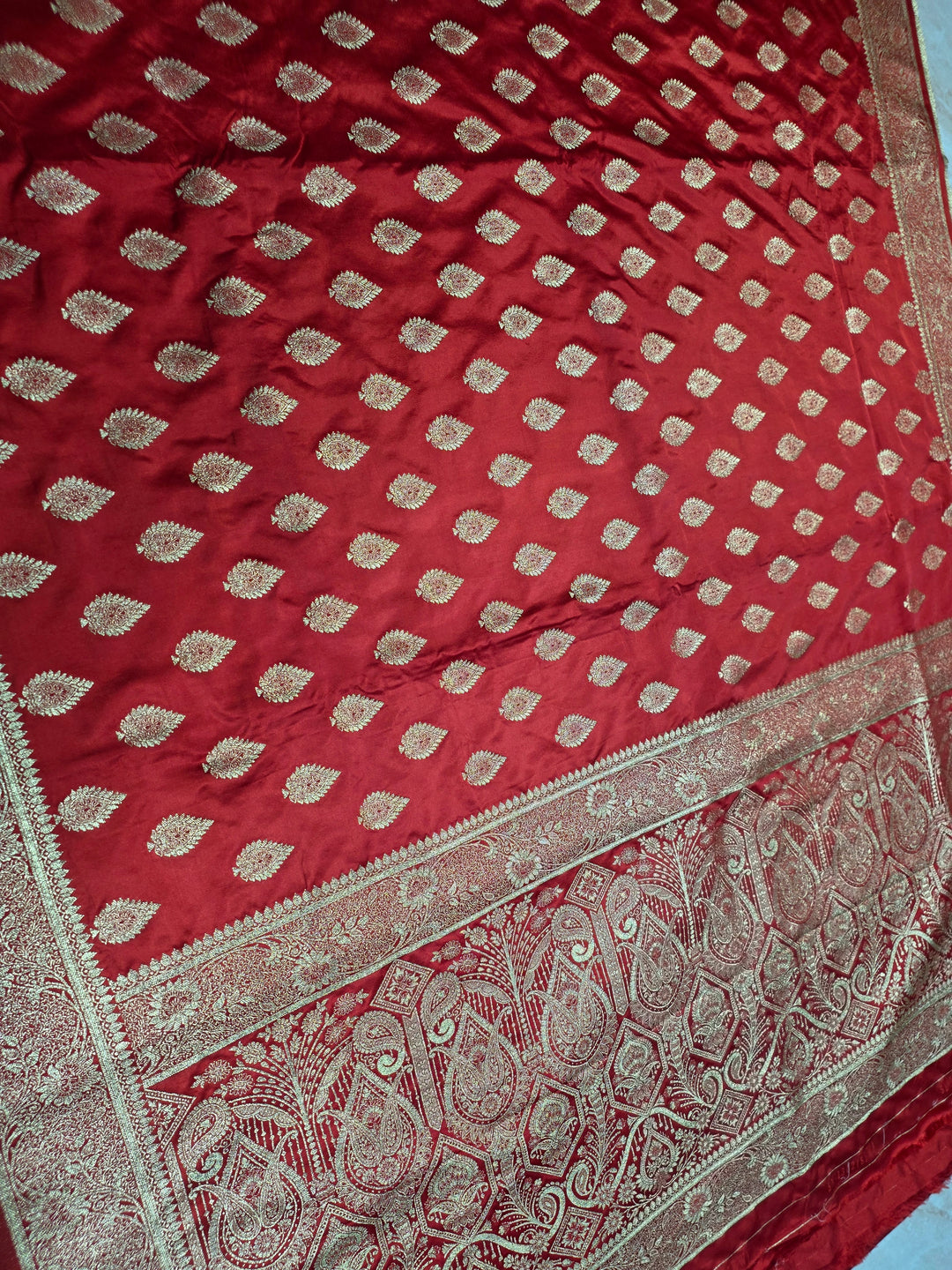 MASHRU KATAN SILK IN RED WITH GOLD ZARIWORK