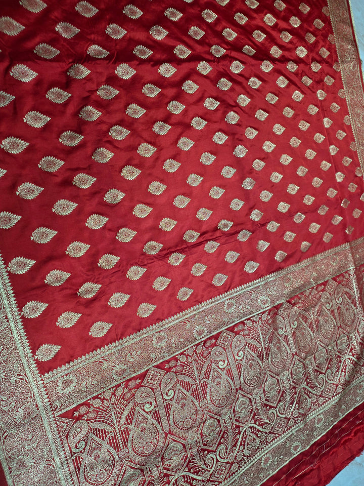 MASHRU KATAN SILK IN RED WITH GOLD ZARIWORK