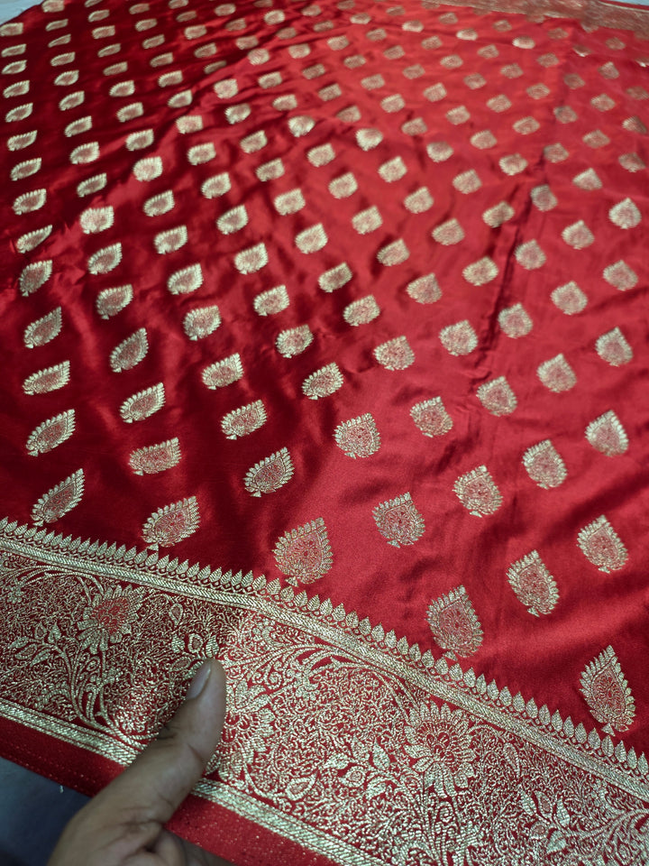 MASHRU KATAN SILK IN RED WITH GOLD ZARIWORK