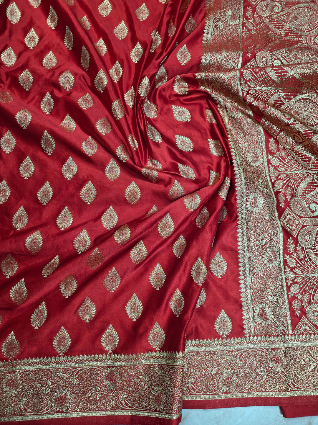 MASHRU KATAN SILK IN RED WITH GOLD ZARIWORK