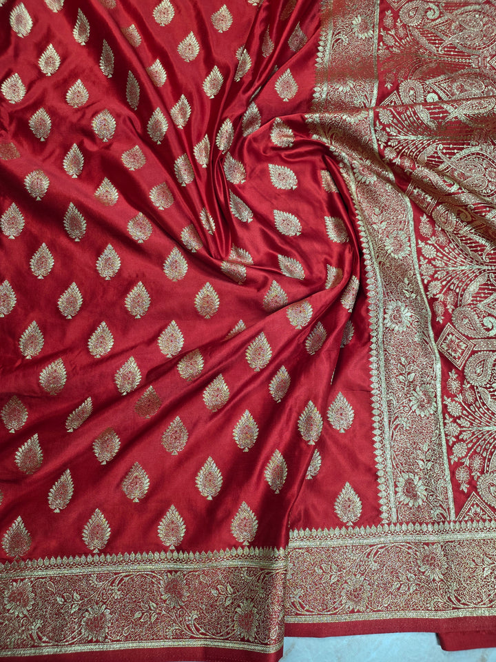 MASHRU KATAN SILK IN RED WITH GOLD ZARIWORK