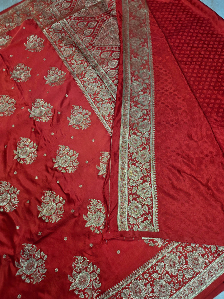 MASHRU KATAN SILK IN BRIGHT RED WITH GOLD ZARIWORK