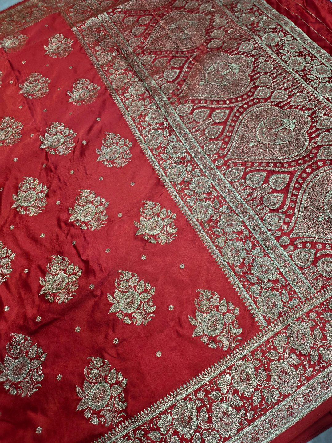 MASHRU KATAN SILK IN BRIGHT RED WITH GOLD ZARIWORK