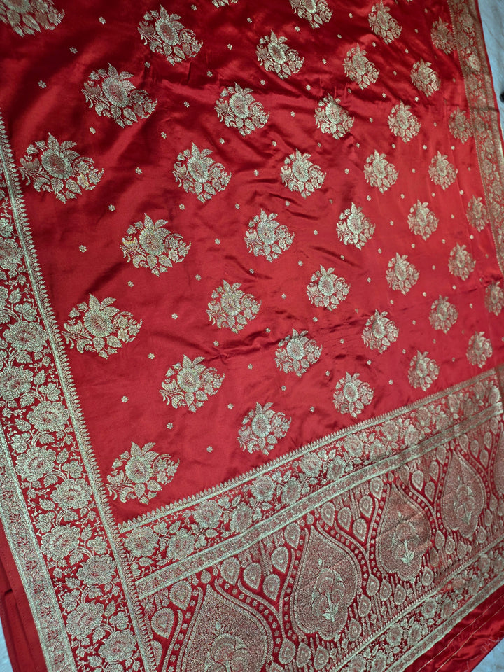 MASHRU KATAN SILK IN BRIGHT RED WITH GOLD ZARIWORK