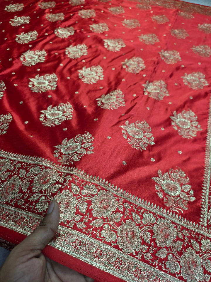 MASHRU KATAN SILK IN BRIGHT RED WITH GOLD ZARIWORK