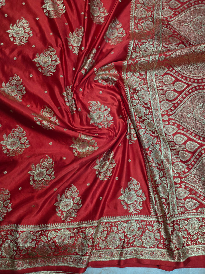 MASHRU KATAN SILK IN BRIGHT RED WITH GOLD ZARIWORK