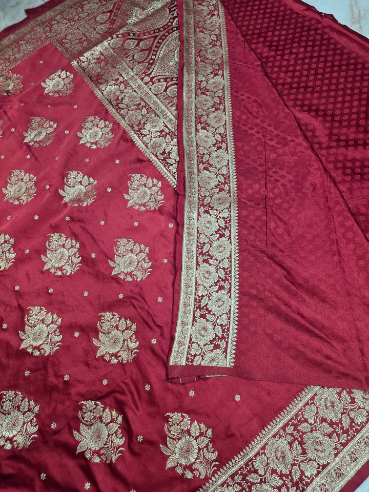 MASHRU KATAN SILK IN CHERRYRED WITH GOLD ZARIWORK