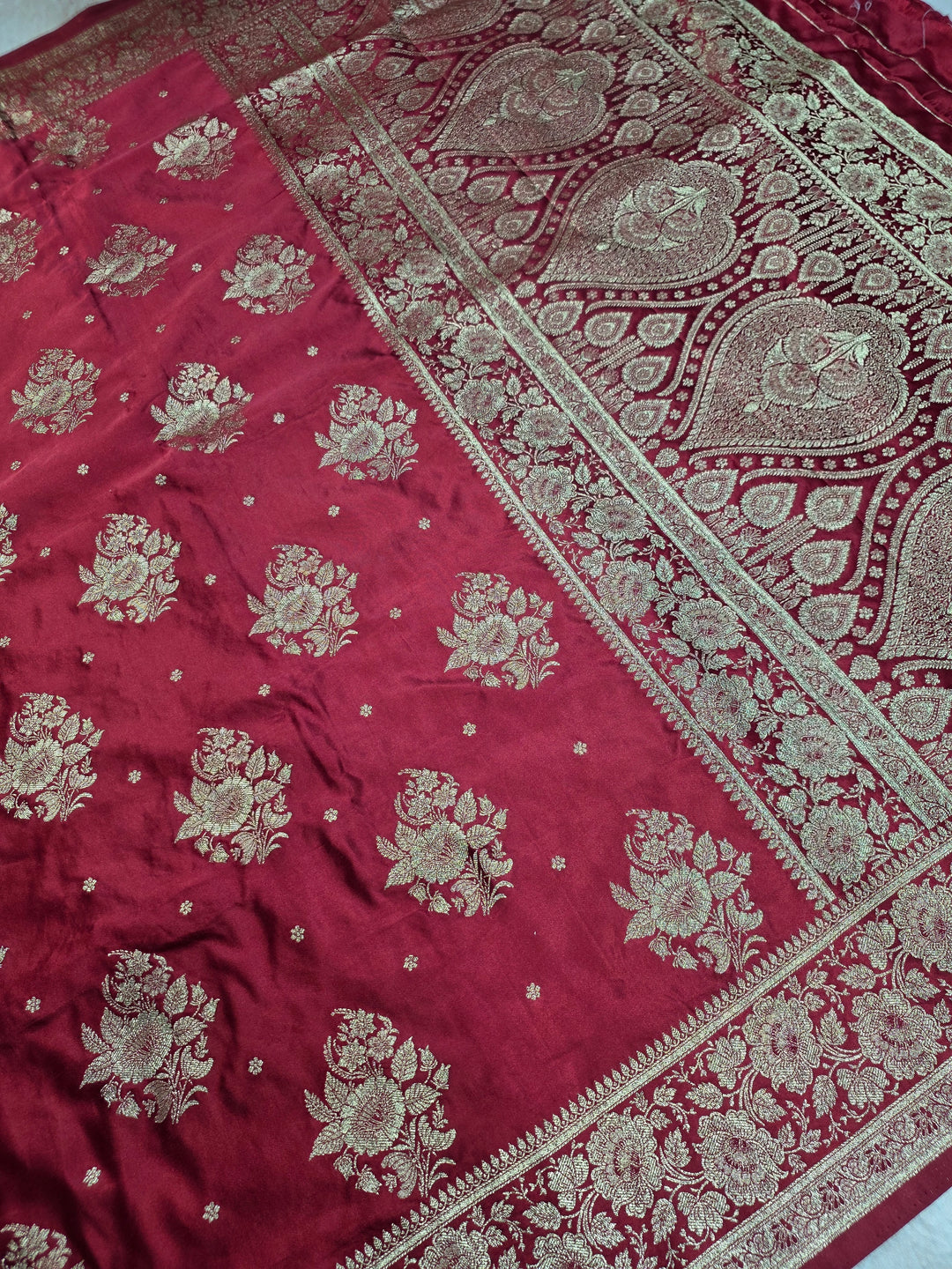 MASHRU KATAN SILK IN CHERRYRED WITH GOLD ZARIWORK