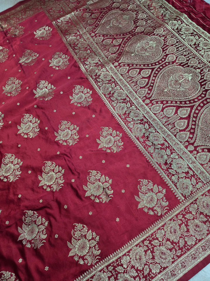 MASHRU KATAN SILK IN CHERRYRED WITH GOLD ZARIWORK