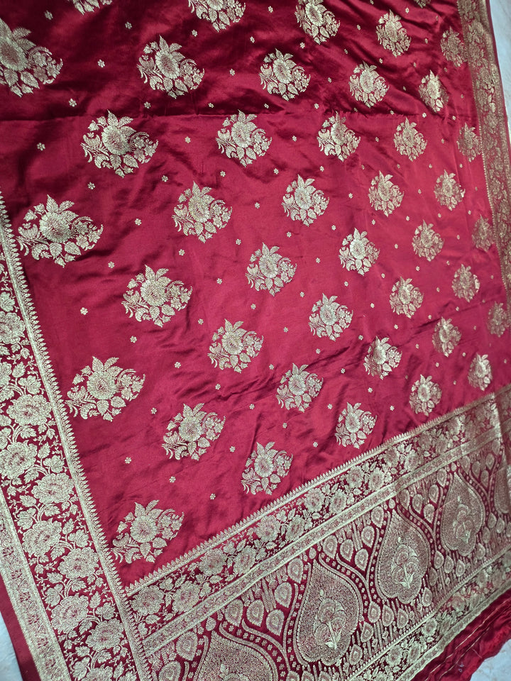 MASHRU KATAN SILK IN CHERRYRED WITH GOLD ZARIWORK