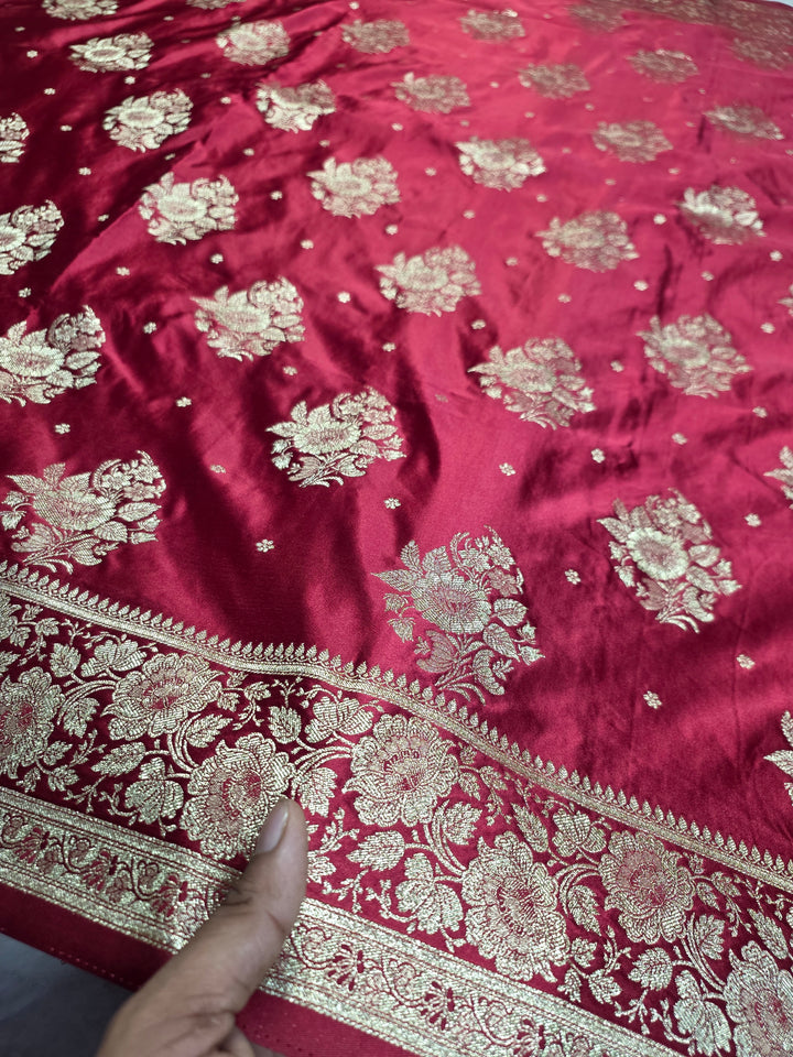 MASHRU KATAN SILK IN CHERRYRED WITH GOLD ZARIWORK