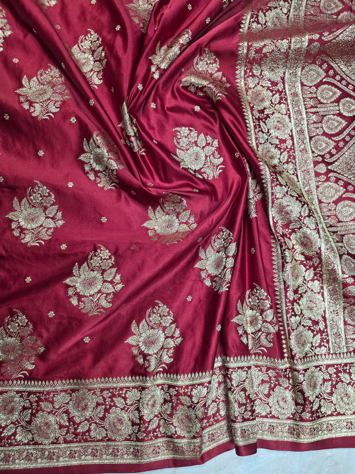 MASHRU KATAN SILK IN CHERRYRED WITH GOLD ZARIWORK