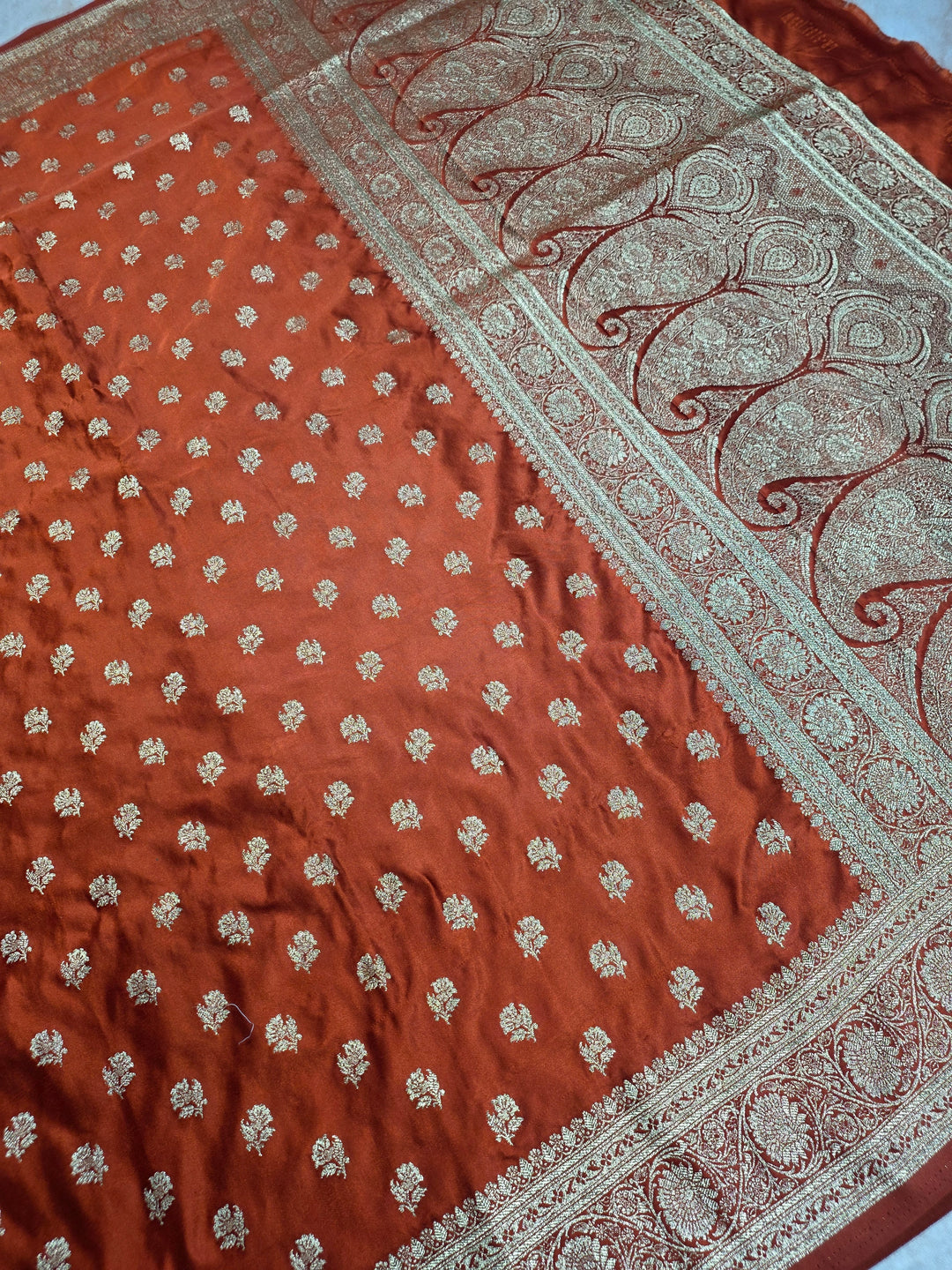 MASHRU KATAN SILK IN RUST ORANGE WITH GOLD ZARIWORK