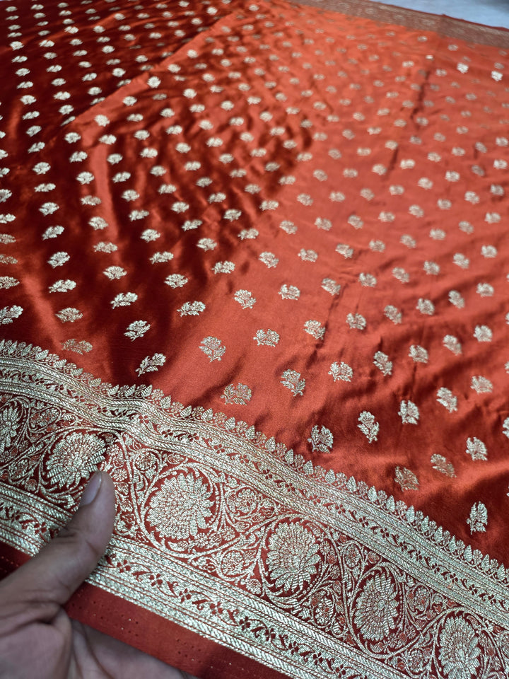 MASHRU KATAN SILK IN RUST ORANGE WITH GOLD ZARIWORK