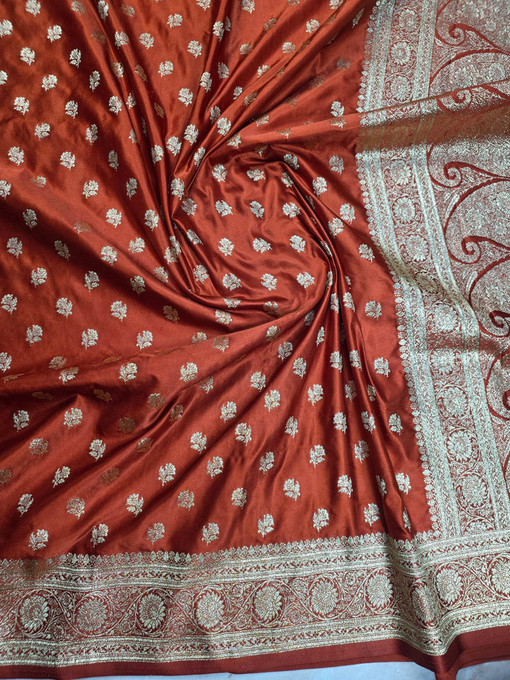 MASHRU KATAN SILK IN RUST ORANGE WITH GOLD ZARIWORK