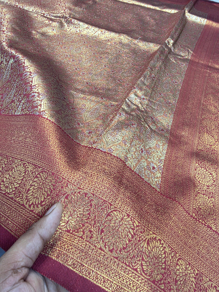 DHARMAVARAM TISU ALFI IN GOLD ZARI WITH RED COLOUR MINAKARI