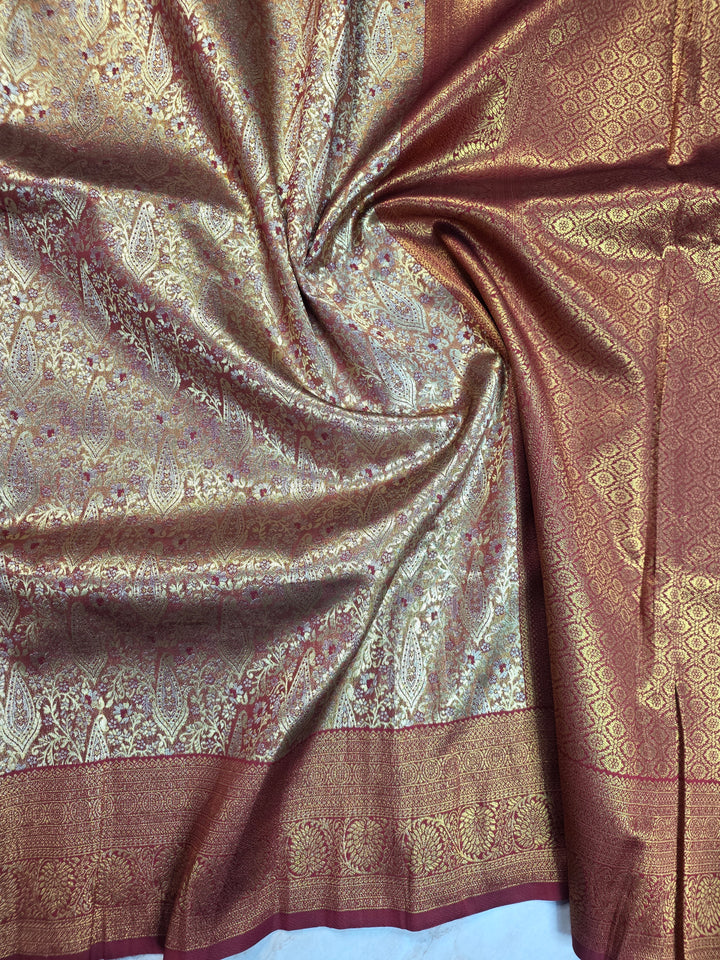 DHARMAVARAM TISU ALFI IN GOLD ZARI WITH RED COLOUR MINAKARI