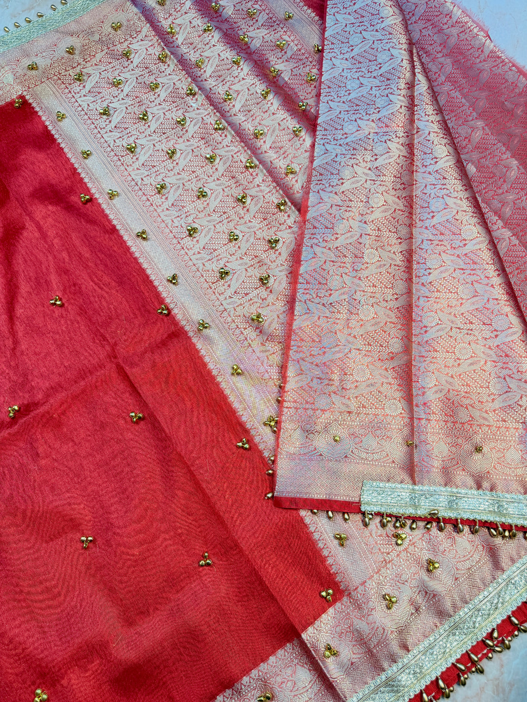 ZARDOSI GHUNGROO WORK SAREE IN CRYSTAL RED COLOUR SHADE