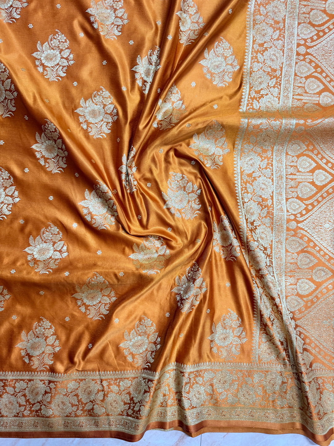 MASHRU KATAN IN MUSTARD SHADE WITH FLORAL BORDER