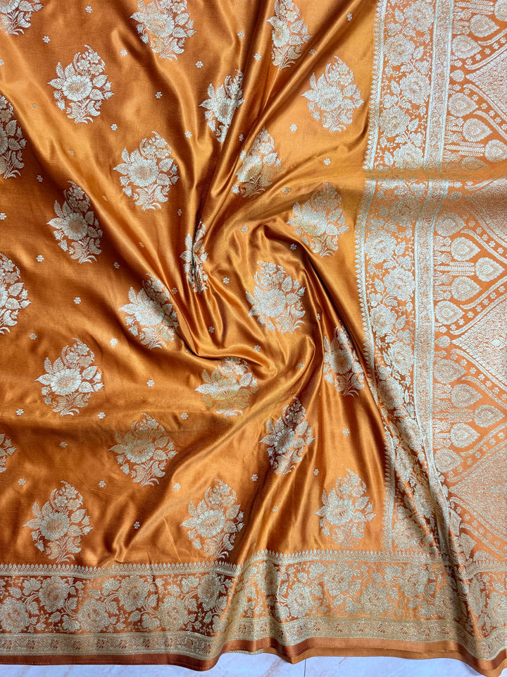 MASHRU KATAN IN MUSTARD SHADE WITH FLORAL BORDER