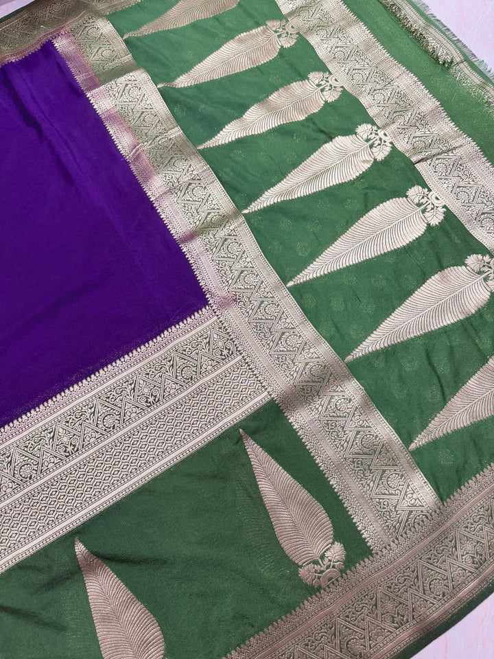 KHADDI GEORGETTE WITH KAIRI BOOTA IN PURPLE AND MEHNDI GREEN BORDER