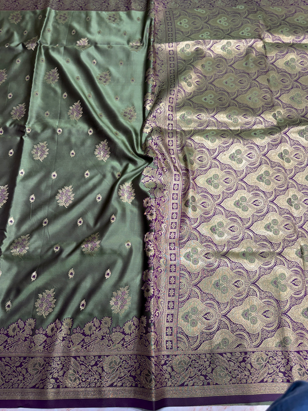 MAHENDI COLOUR WITH MASHRU KATAN FABRIC IN MEENAKARI SAREE